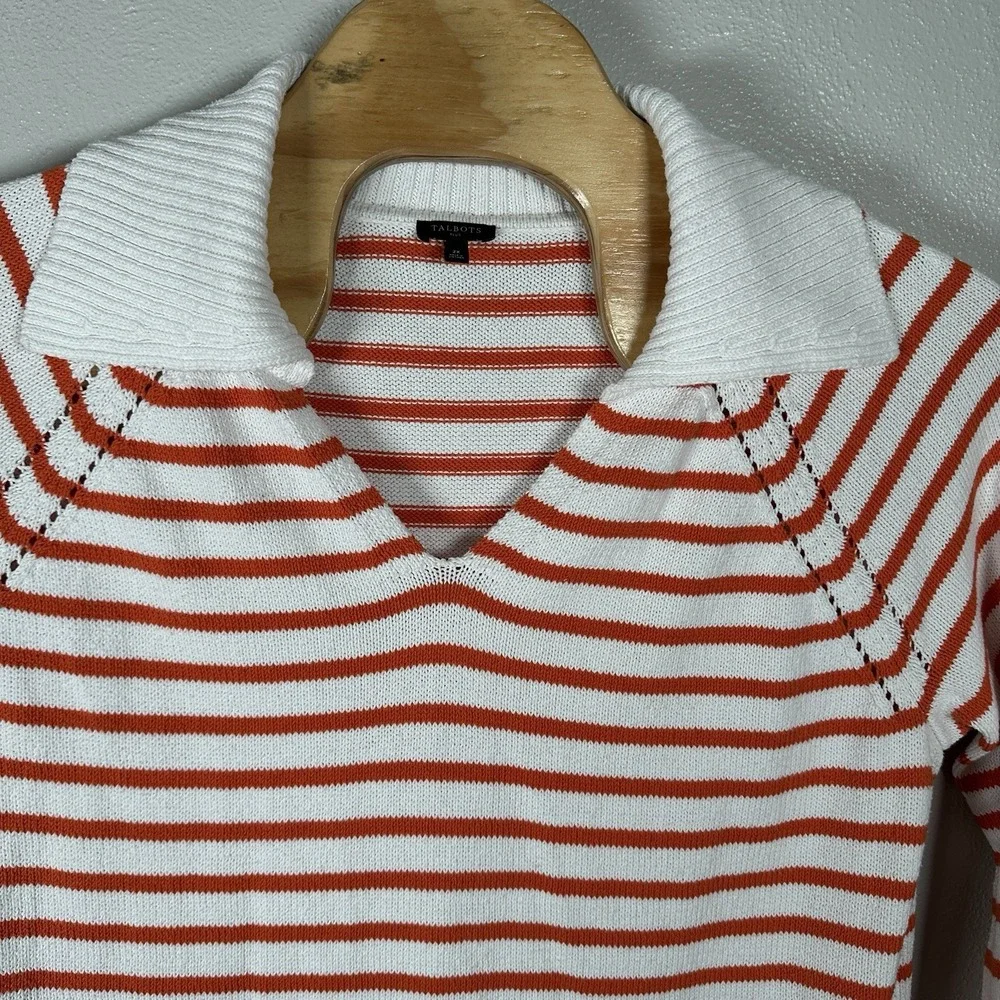 Talbots Johnny Collar Pullover Sweater Womens Size 2X Orange Stripe Cotton Blend - Picture 2 of 5